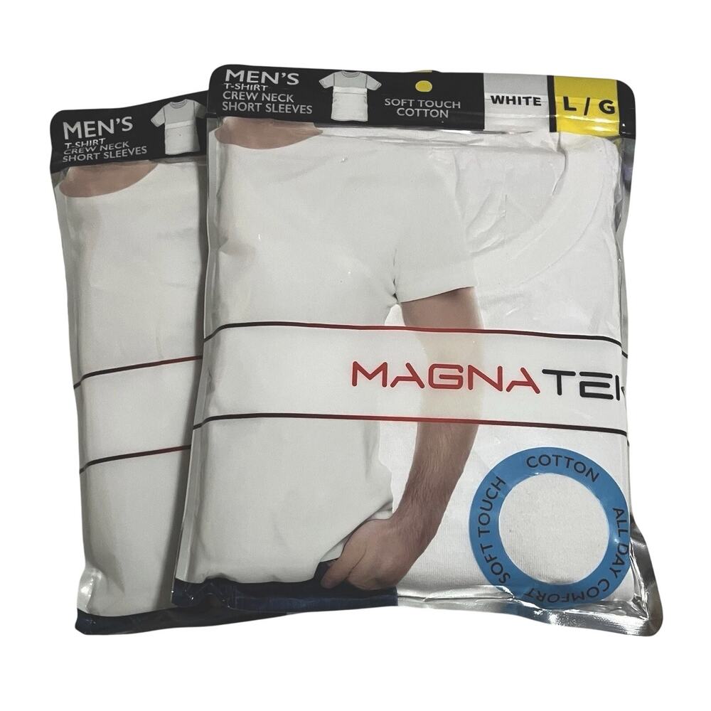 Mens MagnaTek Crew Neck Tee T-Shirts Short Sleeves White Size Large Lot of 2